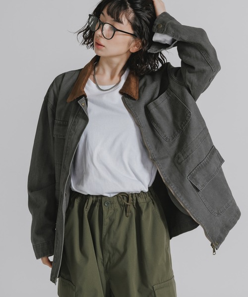 AO2(アオズ)の「Collar Corduroy Panel Design Coveralls / 襟コーデュロイ 切り替えデザイン カバーオール(カバーオール・レディース・カーキ/チャコール/グリーン・FREE)」の5枚目の写真