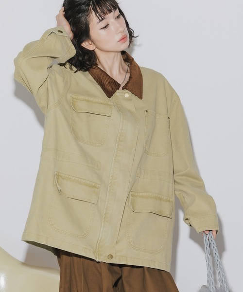 AO2(アオズ)の「Collar Corduroy Panel Design Coveralls / 襟コーデュロイ 切り替えデザイン カバーオール(カバーオール・レディース・カーキ/チャコール/グリーン・FREE)」の14枚目の写真