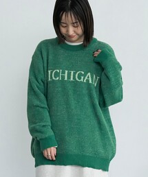 ダークグリーン ニットセーター ロゴ入り ニット/セーター（グリーン・カーキ/緑色系・前面プリント