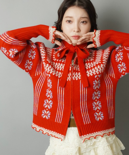 SPINNS（スピンズ）の「NEO森ガールの冬支度☆レトロニットカーデ＋フードセット（カーディガン/ボレロ・レディース・ネイビー/ブラウン/レッド・ONESIZE）」の3枚目の写真