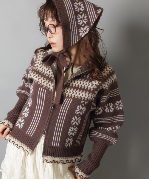 SPINNS（スピンズ）の「NEO森ガールの冬支度☆レトロニットカーデ＋フードセット（カーディガン/ボレロ・レディース・ネイビー/ブラウン/レッド・ONESIZE）」の4枚目の写真