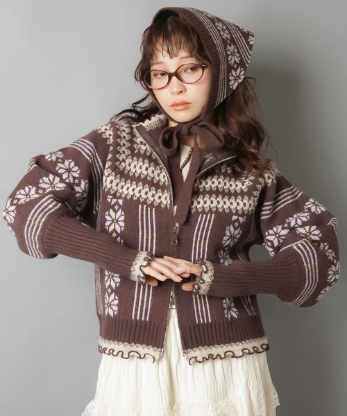 SPINNS（スピンズ）の「NEO森ガールの冬支度☆レトロニットカーデ＋フードセット（カーディガン/ボレロ・レディース・ネイビー/ブラウン/レッド・ONESIZE）」の6枚目の写真