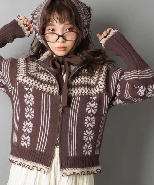 SPINNS（スピンズ）の「NEO森ガールの冬支度☆レトロニットカーデ＋フードセット（カーディガン/ボレロ・レディース・ネイビー/ブラウン/レッド・ONESIZE）」の5枚目の写真