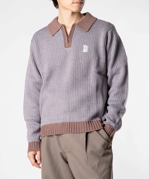 HUF(ハフ)の「HUF MEGABLAST TWO TONE WAFFLE SWEATER ハフ 2トーン ジップポロ ニット(ニット/セーター・メンズ・ブラウン系1/ブラック系1・MEDIUM/LARGE/X-LARGE/SMALL)」の1枚目の写真