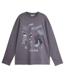 キキマルチグラフィックロングスリーブTシャツチャコール