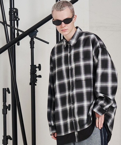 セール】【UNISEX】SOLID CHECK OVER SHIRTS/ソリッドチェックオーバー