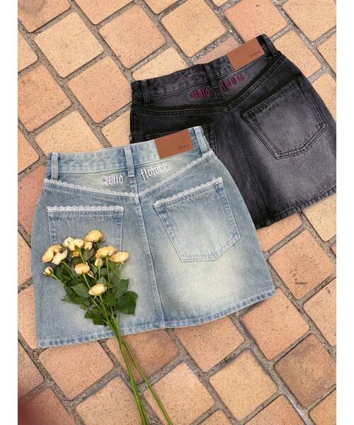 EVRIS（エヴリス）の「レースグラフィックデニムミニスカート（デニムスカート・レディース・ブルー/ブラック・SMALL/MEDIUM）」の6枚目の写真