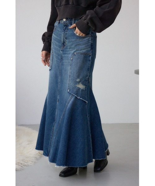 AZUL by moussy(アズールバイマウジー)の「【サイズ,身長別画像あり】AZUL DENIM ダメージマーメイドスカート(デニムスカート・レディース・ライトブラック/ブルー・SMALL/MEDIUM)」の1枚目の写真