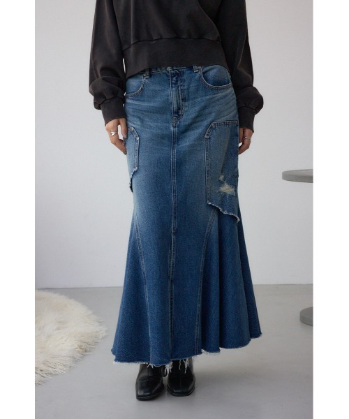 AZUL by moussy(アズールバイマウジー)の「【サイズ,身長別画像あり】AZUL DENIM ダメージマーメイドスカート(デニムスカート・レディース・ライトブラック/ブルー・SMALL/MEDIUM)」の3枚目の写真
