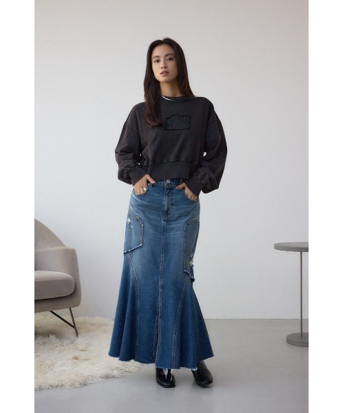 AZUL by moussy(アズールバイマウジー)の「【サイズ,身長別画像あり】AZUL DENIM ダメージマーメイドスカート(デニムスカート・レディース・ライトブラック/ブルー・SMALL/MEDIUM)」の4枚目の写真