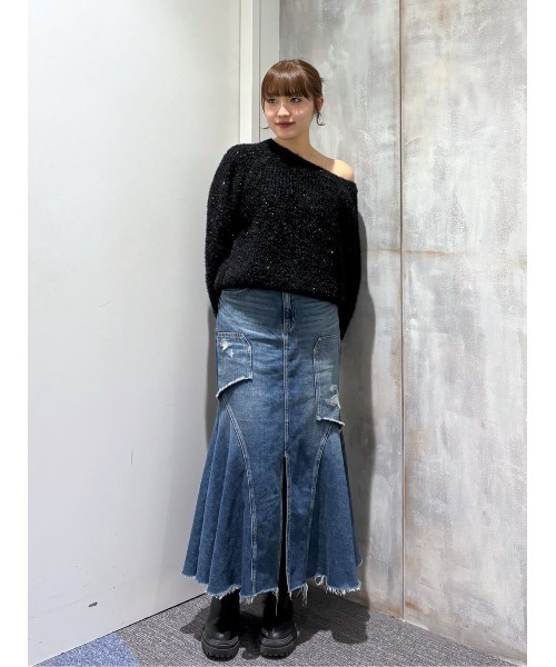 AZUL by moussy(アズールバイマウジー)の「【サイズ,身長別画像あり】AZUL DENIM ダメージマーメイドスカート(デニムスカート・レディース・ライトブラック/ブルー・SMALL/MEDIUM)」の16枚目の写真