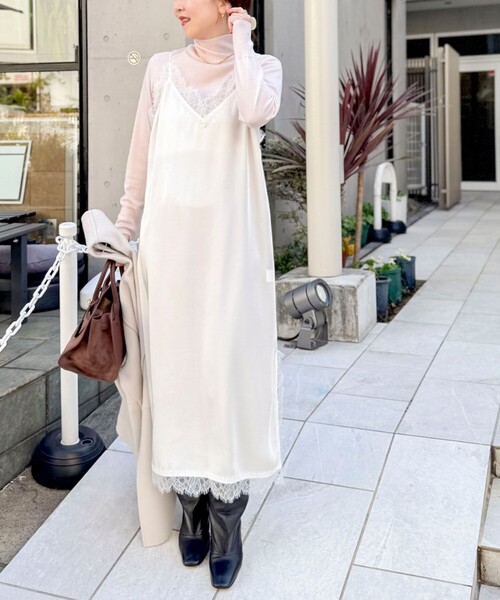 ウォッシャブルトリミングレースサテンキャミワンピース（ワンピース