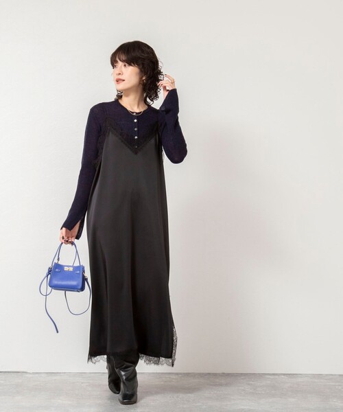 ウォッシャブルトリミングレースサテンキャミワンピース（ワンピース