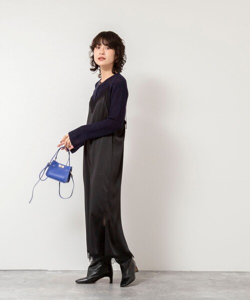 NOLLEY’S Sophi（ノーリーズソフィ）の「ウォッシャブルトリミングレースサテンキャミワンピース（ワンピース・レディース・ブラック/オフホワイト・38）」の4枚目の写真