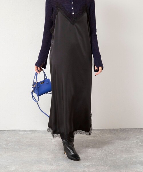 NOLLEY’S Sophi（ノーリーズソフィ）の「ウォッシャブルトリミングレースサテンキャミワンピース（ワンピース・レディース・ブラック/オフホワイト・38）」の6枚目の写真