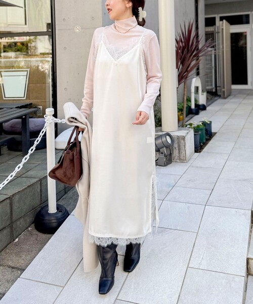 NOLLEY’S Sophi（ノーリーズソフィ）の「ウォッシャブルトリミングレースサテンキャミワンピース（ワンピース・レディース・ブラック/オフホワイト・38）」の13枚目の写真