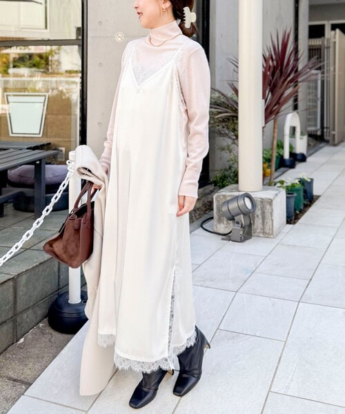 NOLLEY’S Sophi（ノーリーズソフィ）の「ウォッシャブルトリミングレースサテンキャミワンピース（ワンピース・レディース・ブラック/オフホワイト・38）」の14枚目の写真