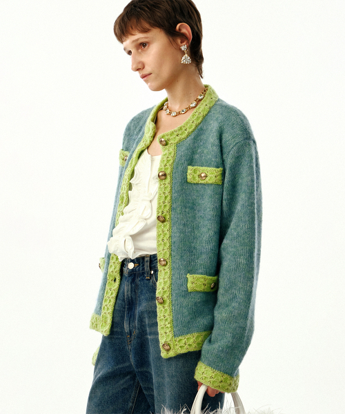 UNISEX, Mohair Tweed Cardigan Jacket / Apple Mint
