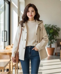 I.O.E（アイオイ）の「【韓国トレンド】ふんわりフードショートコート（ダウンジャケット/コート）」