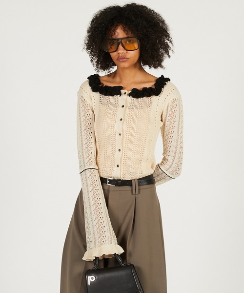 PRANK PROJECT（プランクプロジェクト）の「【2026Spring Pre-Order】クロシェライク2WAYカーディガン / Crochet-Like Frill Bodysuit（ニット/セーター・レディース・ブラック/ベージュ/レッド・FREE）」の2枚目の写真