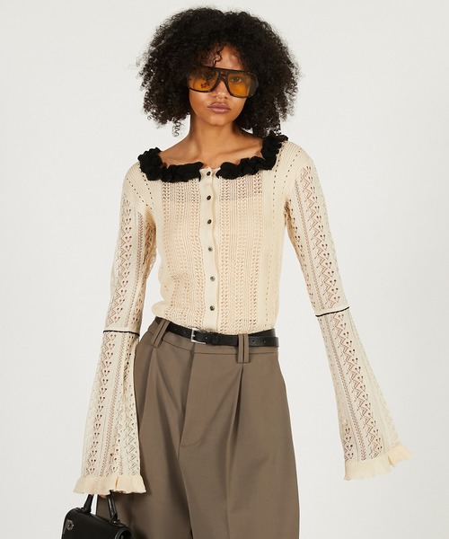 PRANK PROJECT（プランクプロジェクト）の「【2026Spring Pre-Order】クロシェライク2WAYカーディガン / Crochet-Like Frill Bodysuit（ニット/セーター・レディース・ブラック/ベージュ/レッド・FREE）」の8枚目の写真