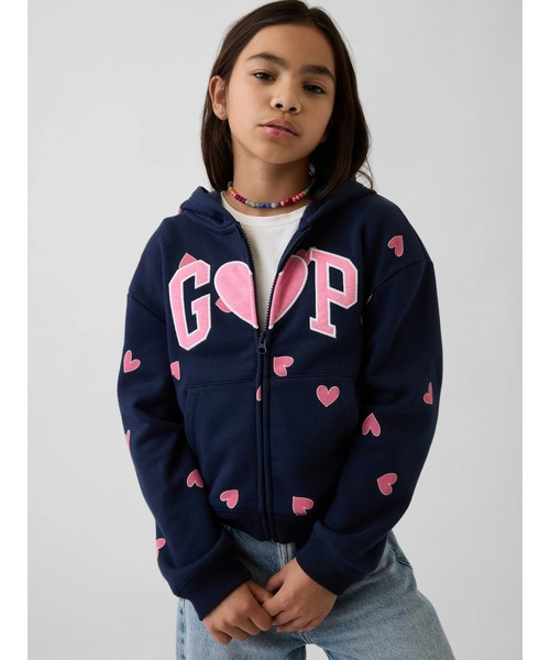 ネイビー フルジップパーカー ピンクロゴ セール】リラックスフィット GAPロゴ ジップアップパーカー (キッズ