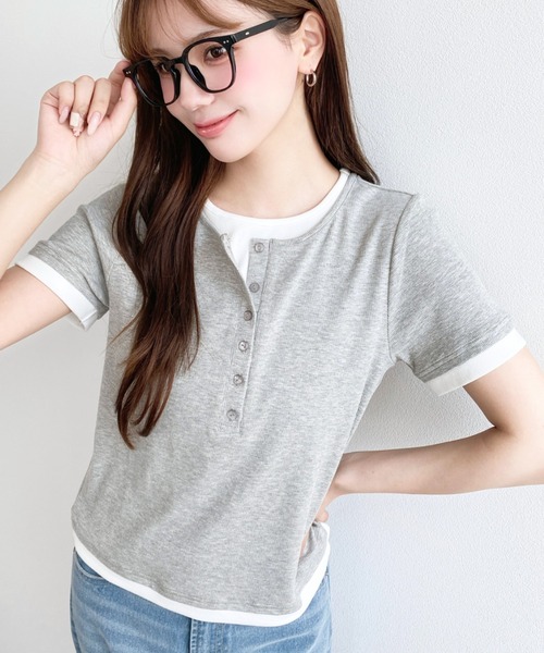moment+(モーメントプラス)の「リブカットソーレイヤード風ヘンリー半袖Tシャツ(Tシャツ/カットソー・レディース・ネイビー/ブラック/杢グレー/アイボリー・L/M)」の3枚目の写真