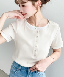 リブカットソーレイヤード風ヘンリー半袖Tシャツ