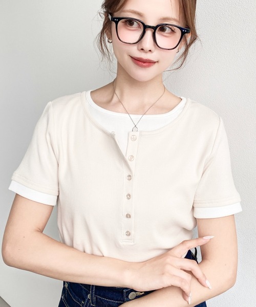 moment+(モーメントプラス)の「リブカットソーレイヤード風ヘンリー半袖Tシャツ(Tシャツ/カットソー・レディース・ネイビー/ブラック/杢グレー/アイボリー・L/M)」の16枚目の写真