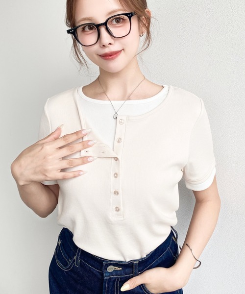 moment+(モーメントプラス)の「リブカットソーレイヤード風ヘンリー半袖Tシャツ(Tシャツ/カットソー・レディース・ネイビー/ブラック/杢グレー/アイボリー・L/M)」の17枚目の写真