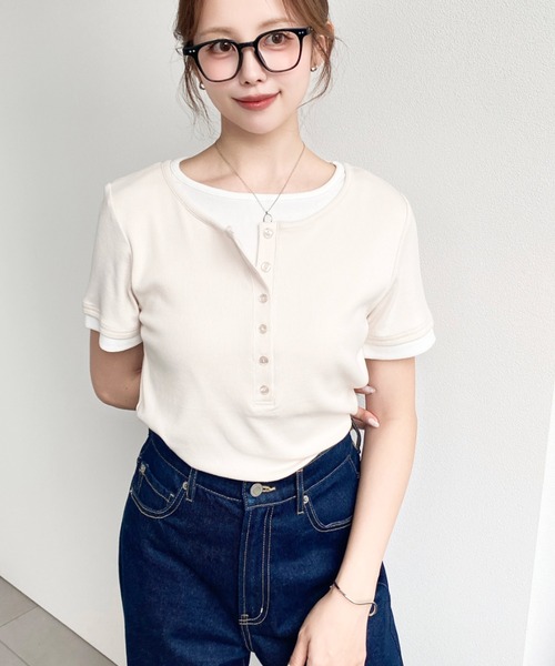moment+(モーメントプラス)の「リブカットソーレイヤード風ヘンリー半袖Tシャツ(Tシャツ/カットソー・レディース・ネイビー/ブラック/杢グレー/アイボリー・L/M)」の18枚目の写真