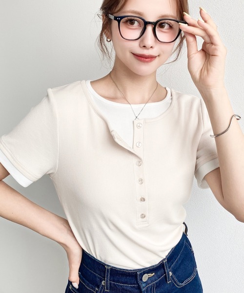 moment+(モーメントプラス)の「リブカットソーレイヤード風ヘンリー半袖Tシャツ(Tシャツ/カットソー・レディース・ネイビー/ブラック/杢グレー/アイボリー・L/M)」の15枚目の写真