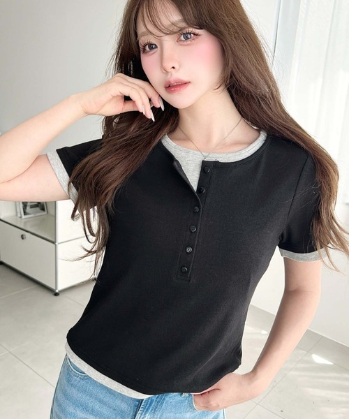 moment+(モーメントプラス)の「リブカットソーレイヤード風ヘンリー半袖Tシャツ(Tシャツ/カットソー・レディース・ネイビー/ブラック/杢グレー/アイボリー・L/M)」の10枚目の写真