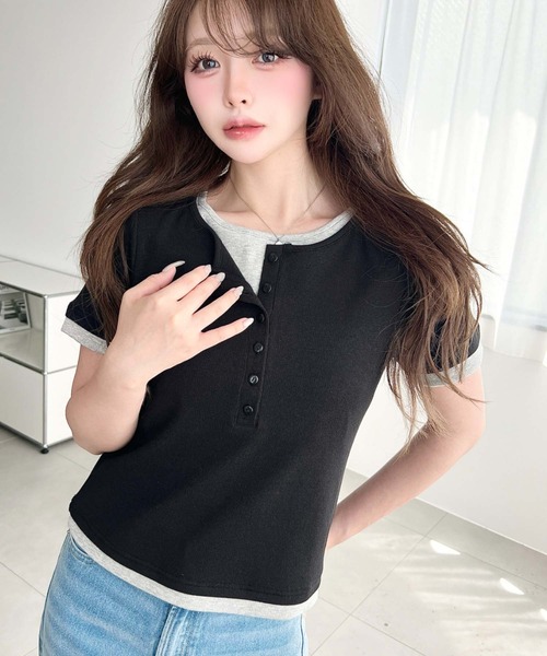 moment+(モーメントプラス)の「リブカットソーレイヤード風ヘンリー半袖Tシャツ(Tシャツ/カットソー・レディース・ネイビー/ブラック/杢グレー/アイボリー・L/M)」の9枚目の写真