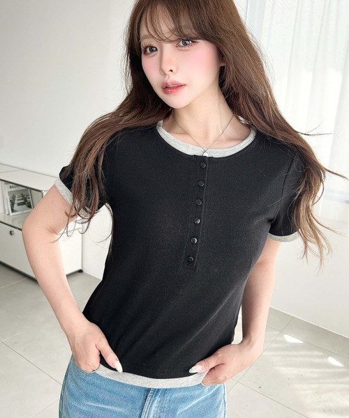 moment+(モーメントプラス)の「リブカットソーレイヤード風ヘンリー半袖Tシャツ(Tシャツ/カットソー・レディース・ネイビー/ブラック/杢グレー/アイボリー・L/M)」の12枚目の写真
