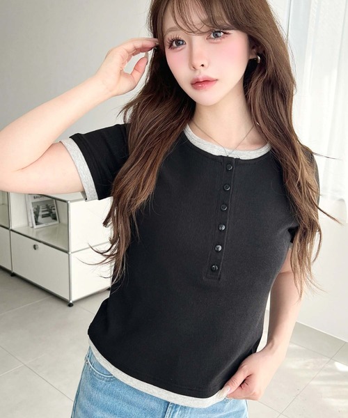 moment+(モーメントプラス)の「リブカットソーレイヤード風ヘンリー半袖Tシャツ(Tシャツ/カットソー・レディース・ネイビー/ブラック/杢グレー/アイボリー・L/M)」の11枚目の写真