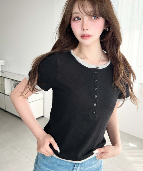 moment+(モーメントプラス)の「リブカットソーレイヤード風ヘンリー半袖Tシャツ(Tシャツ/カットソー・レディース・ネイビー/ブラック/杢グレー/アイボリー・L/M)」の13枚目の写真