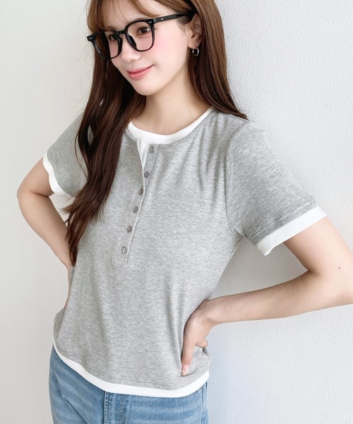 moment+(モーメントプラス)の「リブカットソーレイヤード風ヘンリー半袖Tシャツ(Tシャツ/カットソー・レディース・ネイビー/ブラック/杢グレー/アイボリー・L/M)」の7枚目の写真