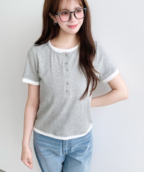 moment+(モーメントプラス)の「リブカットソーレイヤード風ヘンリー半袖Tシャツ(Tシャツ/カットソー・レディース・ネイビー/ブラック/杢グレー/アイボリー・L/M)」の8枚目の写真