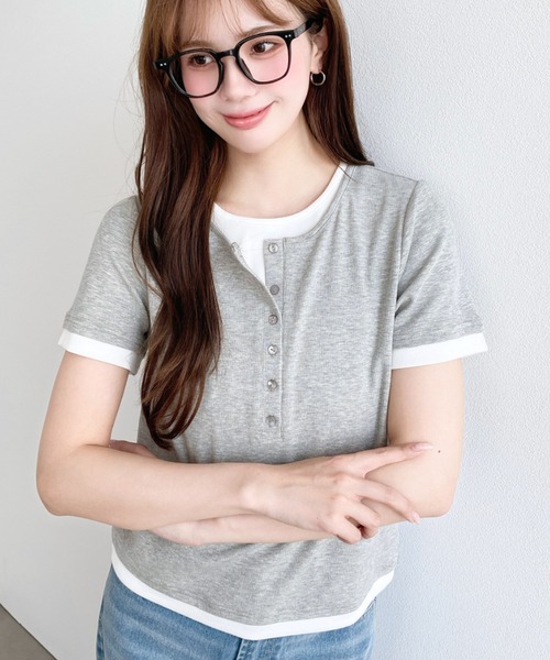 moment+(モーメントプラス)の「リブカットソーレイヤード風ヘンリー半袖Tシャツ(Tシャツ/カットソー・レディース・ネイビー/ブラック/杢グレー/アイボリー・L/M)」の14枚目の写真