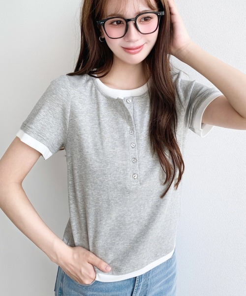 moment+(モーメントプラス)の「リブカットソーレイヤード風ヘンリー半袖Tシャツ(Tシャツ/カットソー・レディース・ネイビー/ブラック/杢グレー/アイボリー・L/M)」の6枚目の写真