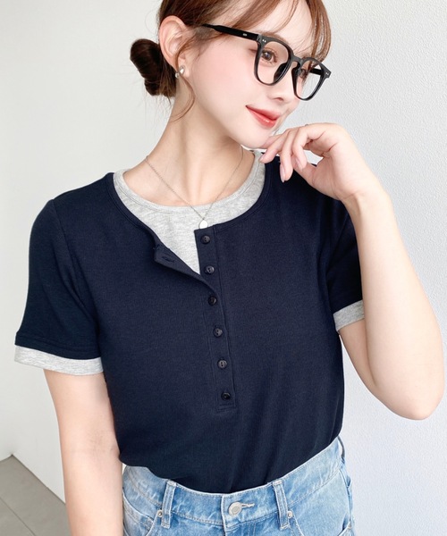 moment+(モーメントプラス)の「リブカットソーレイヤード風ヘンリー半袖Tシャツ(Tシャツ/カットソー・レディース・ネイビー/ブラック/杢グレー/アイボリー・L/M)」の19枚目の写真