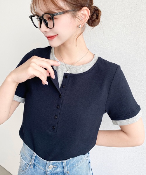 moment+(モーメントプラス)の「リブカットソーレイヤード風ヘンリー半袖Tシャツ(Tシャツ/カットソー・レディース・ネイビー/ブラック/杢グレー/アイボリー・L/M)」の20枚目の写真