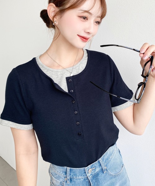 moment+(モーメントプラス)の「リブカットソーレイヤード風ヘンリー半袖Tシャツ(Tシャツ/カットソー・レディース・ネイビー/ブラック/杢グレー/アイボリー・L/M)」の22枚目の写真