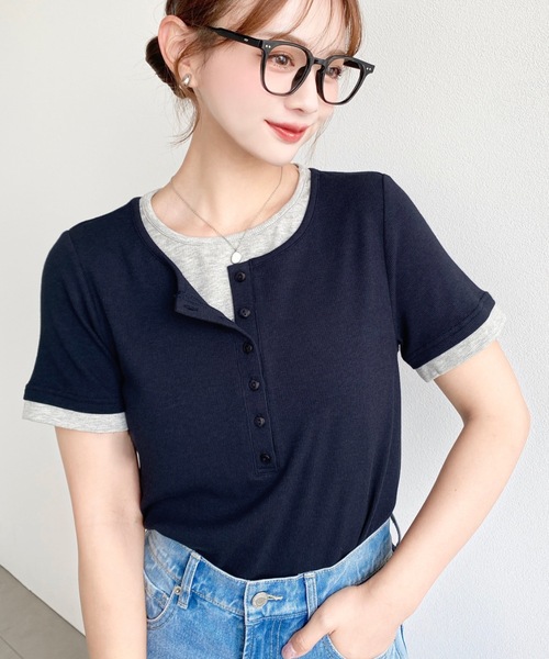 moment+(モーメントプラス)の「リブカットソーレイヤード風ヘンリー半袖Tシャツ(Tシャツ/カットソー・レディース・ネイビー/ブラック/杢グレー/アイボリー・L/M)」の21枚目の写真