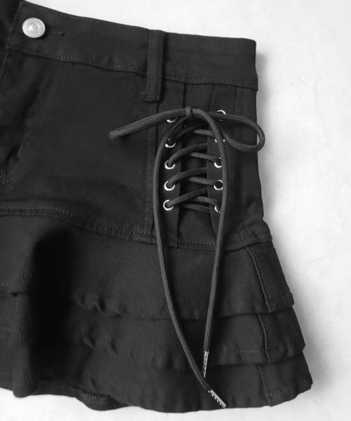 me+em select（ミームセレクト）の「【 インパン裏地付 】レースアップストレッチデニムフリルミニスカート ／ laceup stretch denim  frill mini skirt　※※（デニムスカート・レディース・ブラック/ホワイト/ブルー・SMALL/MEDIUM/LARGE）」の6枚目の写真
