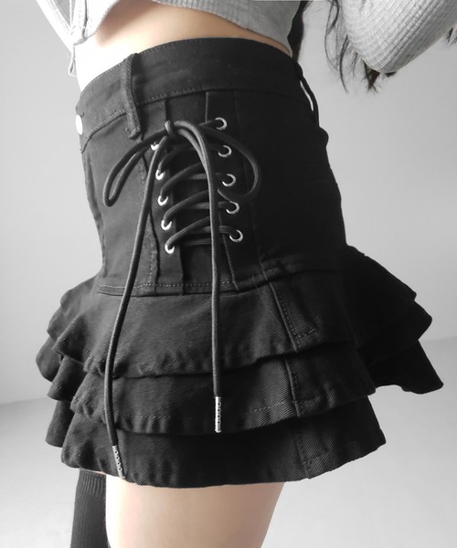 me+em select（ミームセレクト）の「【 インパン裏地付 】レースアップストレッチデニムフリルミニスカート ／ laceup stretch denim  frill mini skirt　※※（デニムスカート・レディース・ブラック/ホワイト/ブルー・SMALL/MEDIUM/LARGE）」の7枚目の写真