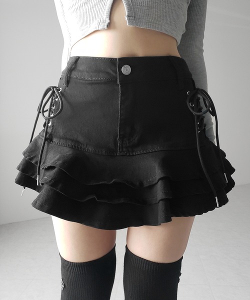 me+em select（ミームセレクト）の「【 インパン裏地付 】レースアップストレッチデニムフリルミニスカート ／ laceup stretch denim  frill mini skirt　※※（デニムスカート・レディース・ブラック/ホワイト/ブルー・SMALL/MEDIUM/LARGE）」の9枚目の写真