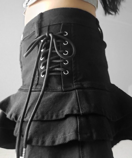me+em select（ミームセレクト）の「【 インパン裏地付 】レースアップストレッチデニムフリルミニスカート ／ laceup stretch denim  frill mini skirt　※※（デニムスカート・レディース・ブラック/ホワイト/ブルー・SMALL/MEDIUM/LARGE）」の12枚目の写真