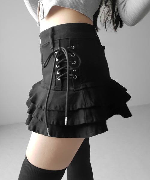 me+em select（ミームセレクト）の「【 インパン裏地付 】レースアップストレッチデニムフリルミニスカート ／ laceup stretch denim  frill mini skirt　※※（デニムスカート・レディース・ブラック/ホワイト/ブルー・SMALL/MEDIUM/LARGE）」の13枚目の写真